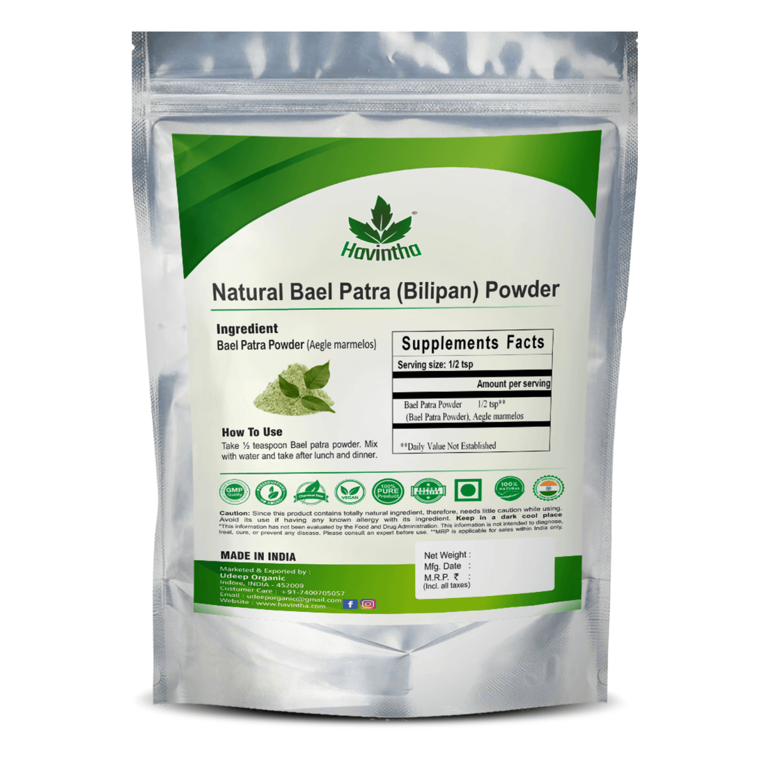 Havintha Natural Bilva Bael Patra/Leaf Powder | Aegle marmelos | Maintains the Healthy Blood Sugar Levels - 227 Grams