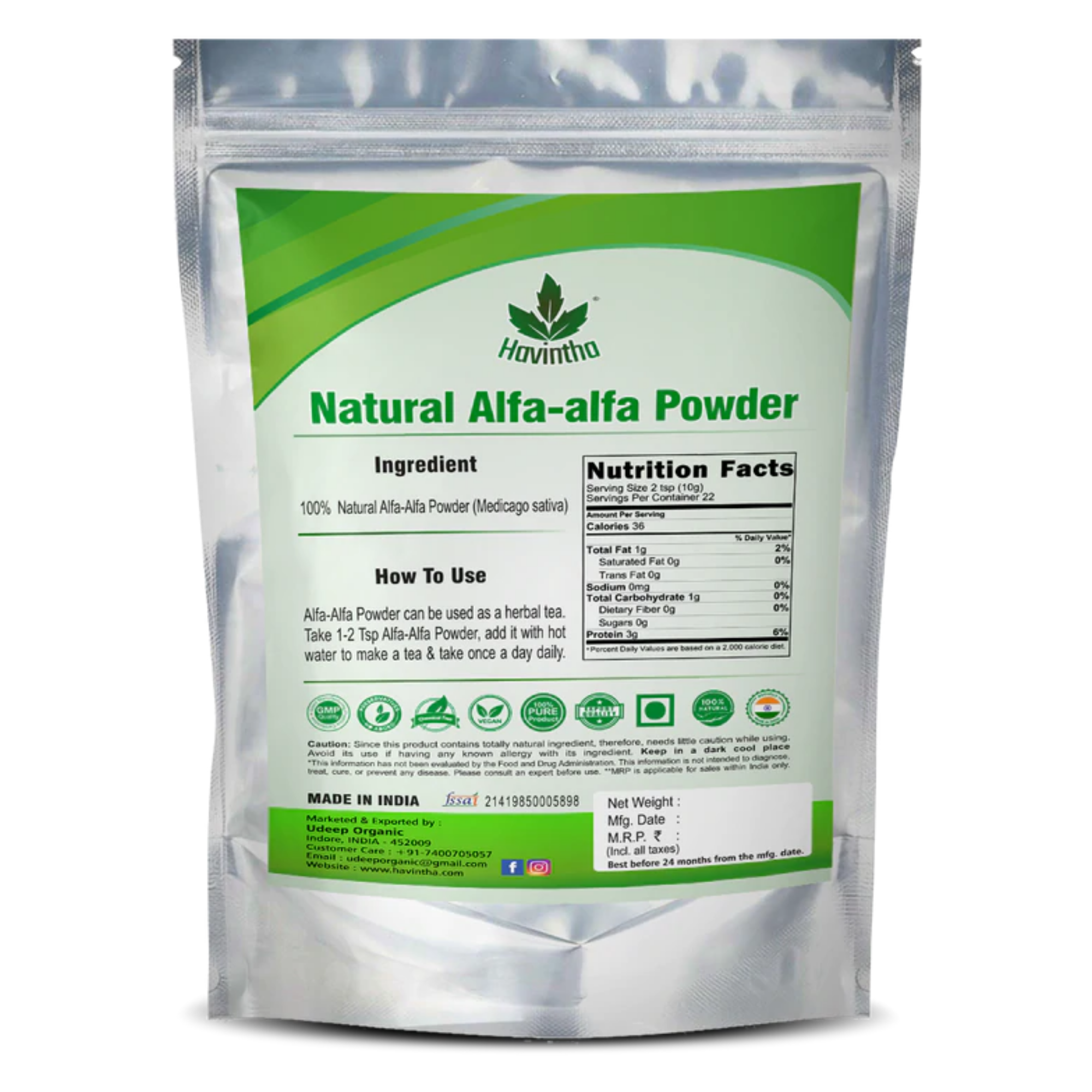 Havintha Natural Alfalfa Grass Powder - 100 g Back