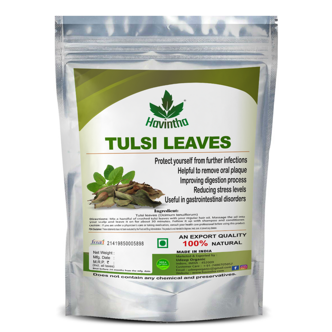 Havintha Natural Dried Tulsi Leaf for Immunity Booster Herbal Tea Pouch (100 g)