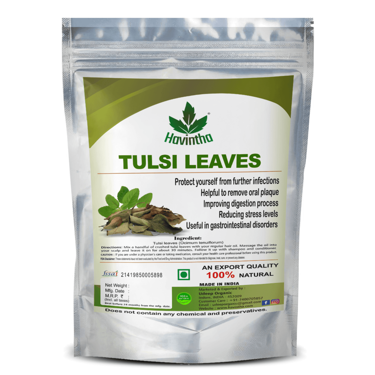 Havintha Natural Dried Tulsi Leaf for Immunity Booster Herbal Tea Pouch (100 g)