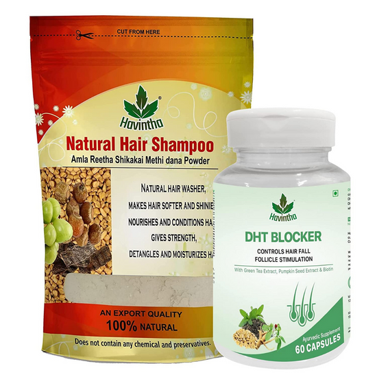 Havintha Natural Hair Shampoo With Amla, Reetha, Shikakai and Methi Dana (Advanced) 227g And Plant Based DHT BLOCKER for Hair Fall Control - 60 Capsules