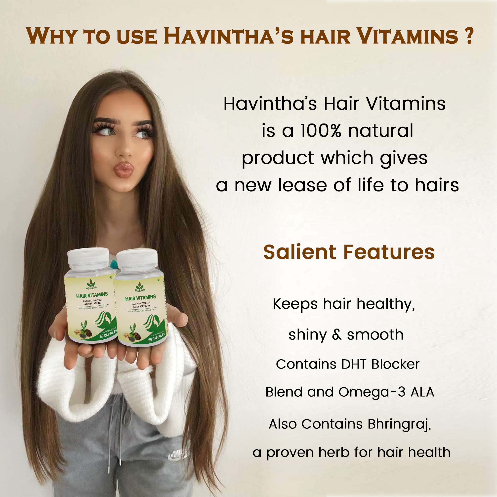 Havintha Plant Based Hair Vitamins Supplement with DHT Blocker, Hair Vitamin Blend, Omega 3 ALA &amp; Pine Bark Extract for Control Hair Fall - 60 Capsules
